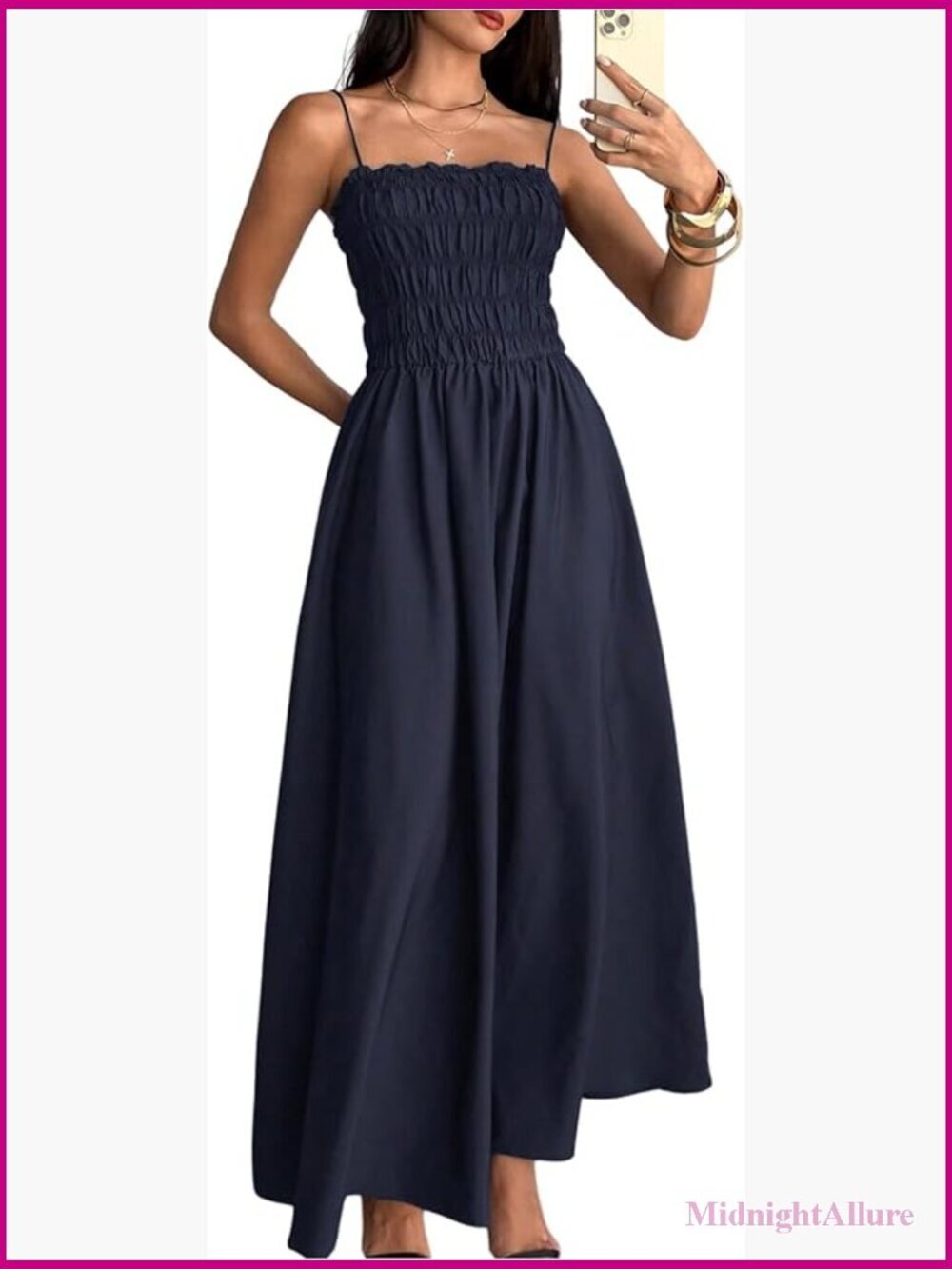 Spaghetti Strap Shirred Flared Maxi Dress Summer Prom Cami